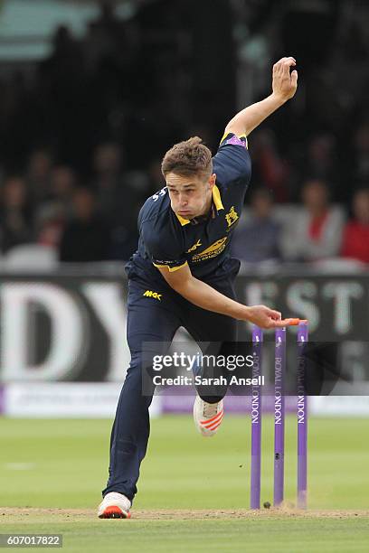 Chris Woakes of Warwickshire bowls during the Royal London One-Day Cup Final match between Surrey and Warwickshire at Lord's Cricket Ground on...