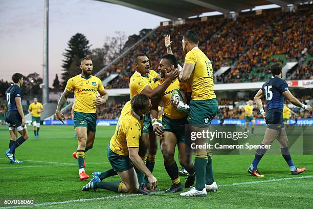 Samu Kerevi of the Wallabies celebrates scoring a try during the Rugby Championship match between the Australian Wallabies and Argentina at nib...