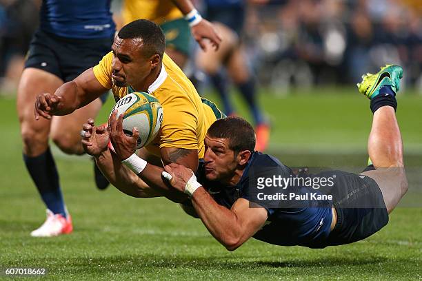 Will Genia of Australia dives for a try against Tomas Cubelli of Argentina during the Rugby Championship match between the Australian Wallabies and...