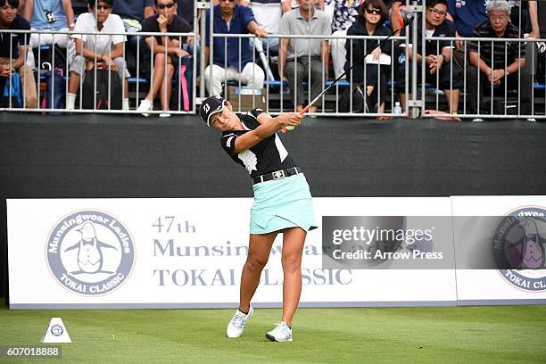 Ayaka Watanabe of Japan hits hertee shot on the Longest driving hole during the driving contest of the Munsingwear Ladies Tokai Classic 2016 at the...