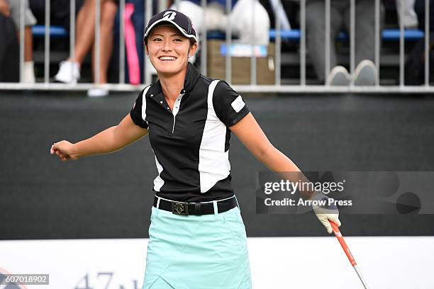 Ayaka Watanabe of Japan smails after winning the during the driving contest of the Munsingwear Ladies Tokai Classic 2016 at the Shin Minami Aichi...