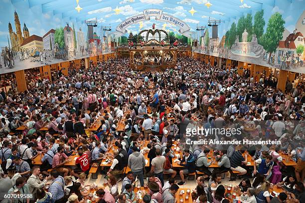 General view inside the Hacker-Pschorr tent during the 2016 Oktoberfest beer festival at Theresienwiese on September 17, 2016 in Munich, Germany. The...