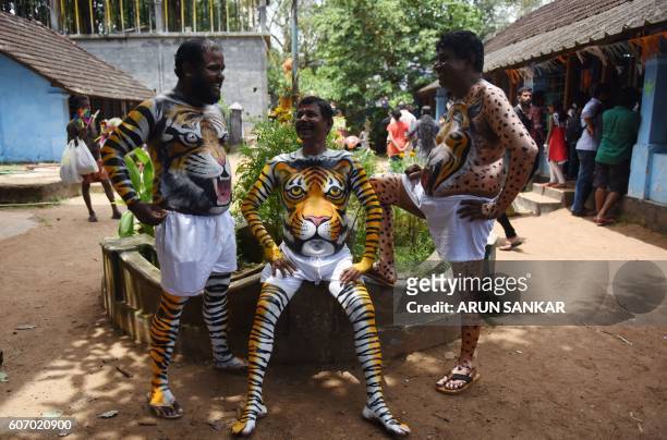 Indian performers wearing body-paint depicting tigers wait for the artwork to dry as they prepare to take part in the 'Pulikali', or Tiger Dance, in...