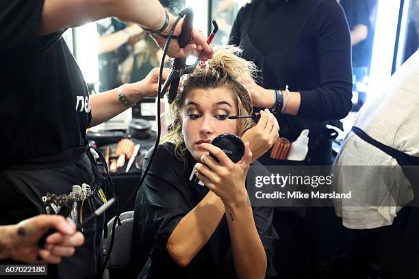 Model Hailey Baldwin is seen backstage ahead of the Julien Macdonald show during London Fashion Week Spring/Summer collections 2016/2017 on September...