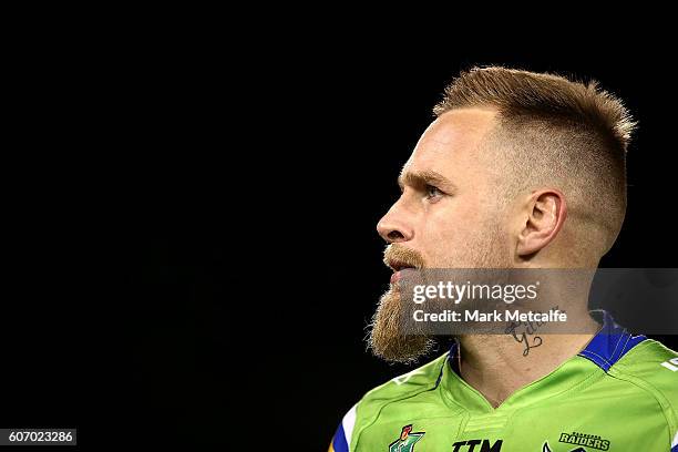Blake Austin of the Raiders looks on during the second NRL Semi Final match between the Canberra Raiders and the Penrith Panthers at GIO Stadium on...