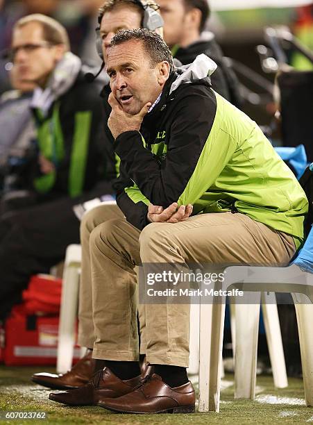 Raiders head coach Ricky Stuart looks on during the second NRL Semi Final match between the Canberra Raiders and the Penrith Panthers at GIO Stadium...