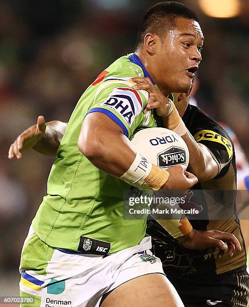 Joseph Leilua of the Raiders in action during the second NRL Semi Final match between the Canberra Raiders and the Penrith Panthers at GIO Stadium on...