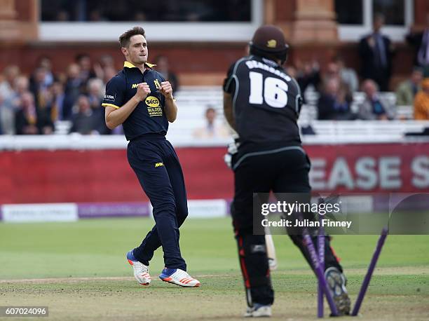 Jade Dernbach of Surrey is bowled out by Chris Woakes of Warwickshire during the Royal London one-day cup final between Warwickshire and Surrey at...