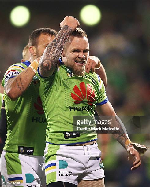 Blake Austin of the Raiders celebrates scoring a try during the second NRL Semi Final match between the Canberra Raiders and the Penrith Panthers at...