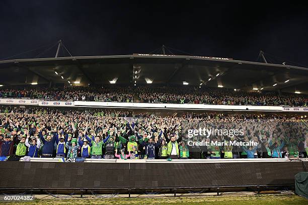 Raiders fans perform their viking clap before the second NRL Semi Final match between the Canberra Raiders and the Penrith Panthers at GIO Stadium on...