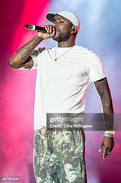 Skepta performs on the mainstage during the 2nd day of Bestival 2016 at Robin Hill Country Park on September 10, 2016 in Newport, Isle of Wight.