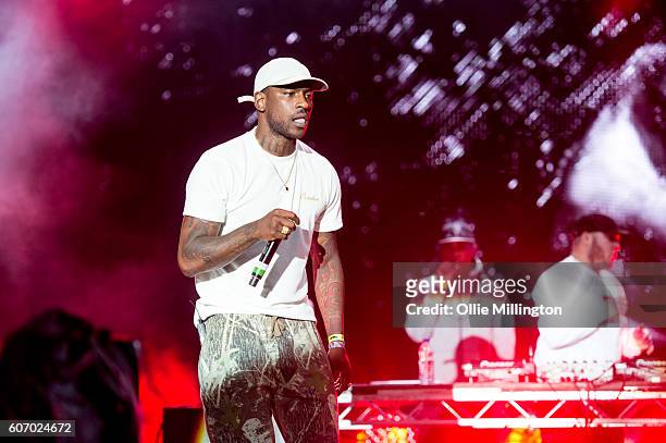 Skepta performs on the mainstage with Wiley and DJ Maximum during the 2nd day of Bestival 2016 at Robin Hill Country Park on September 10, 2016 in...