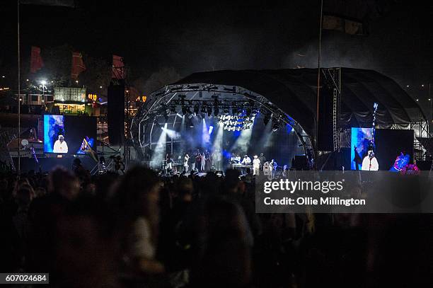 Skepta performs on the mainstage with Wiley, Frisco, DJ Maximum and Shorty during the 2nd day of Bestival 2016 at Robin Hill Country Park on...