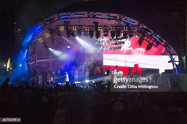 Skepta performs on the mainstage with Wiley, Frisco, DJ Maximum and Shorty during the 2nd day of Bestival 2016 at Robin Hill Country Park on...