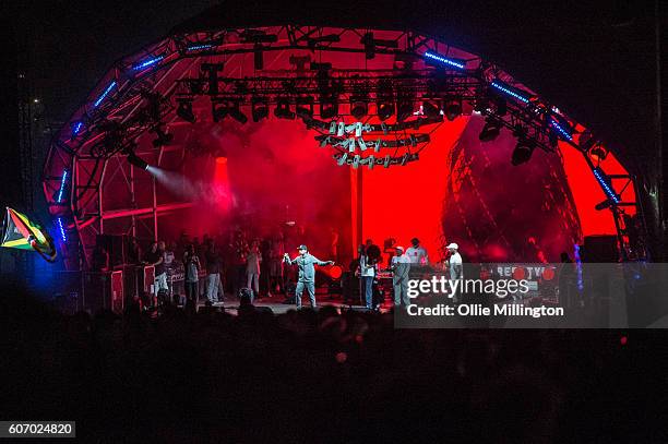 Skepta performs on the mainstage with Wiley, Frisco, DJ Maximum and Shorty during the 2nd day of Bestival 2016 at Robin Hill Country Park on...