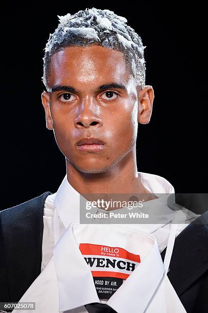 Model, beauty runway detail, walks the runway during the Hood By Air fashion show at The Arc, Skylight at Moynihan Station on September 11, 2016 in...