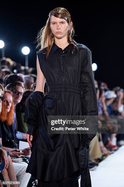 Model walks the runway during the Hood By Air fashion show at The Arc, Skylight at Moynihan Station on September 11, 2016 in New York City.