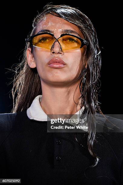 Model, beauty runway detail, walks the runway during the Hood By Air fashion show at The Arc, Skylight at Moynihan Station on September 11, 2016 in...