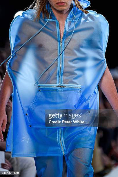 Model, fashion detail, walks the runway during the Hood By Air fashion show at The Arc, Skylight at Moynihan Station on September 11, 2016 in New...
