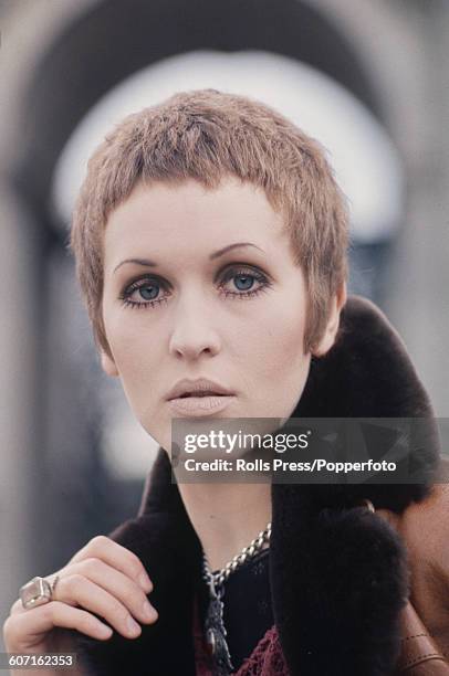 English singer Julie Driscoll pictured standing in front of Marble Arch in London in 1968.