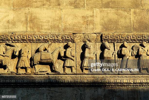 Pilgrims along Via Francigena, bas-relief from the Saint Domninus' Cathedral, Fidenza, Emilia-Romagna. Italy, 12th century. Detail.