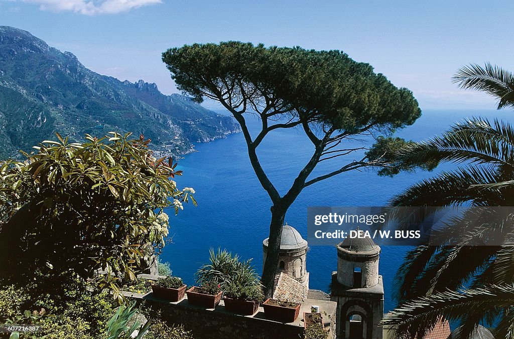 View of Gulf of Salerno seen from Villa Rufolo, with cupolas of Church of Annunciation in foreground, Ravello, Amalfi coast (UNESCO World Heritage List, 1996), Campania, Italy