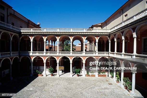 Portico of the Ducal palace, Fine Arts Academy in Carrara, Tuscany. Italy, 13th-16th century.