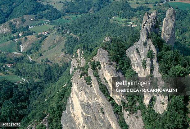 Stratified rocky pinnacles in the Sassi di Roccamalatina regional park, Emilia-Romagna, Italy.