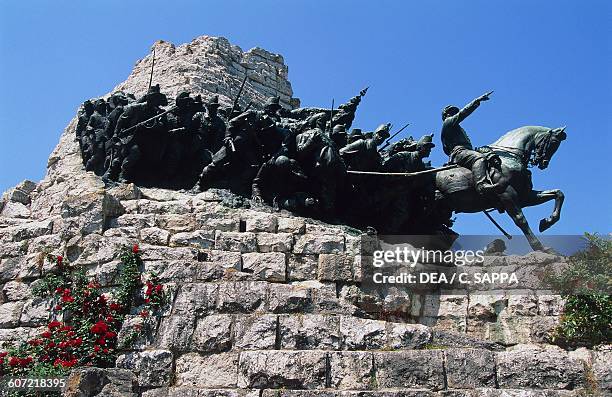 Bronze sculpture depicting Piedmontese soldiers and General Enrico Cialdini, national monument of Marche, sculptor Vito Pardo, created to commemorate...