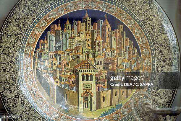 The city of Ascoli Piceno painted on a majolica plate, Ascoli Piceno, Marche, Italy.