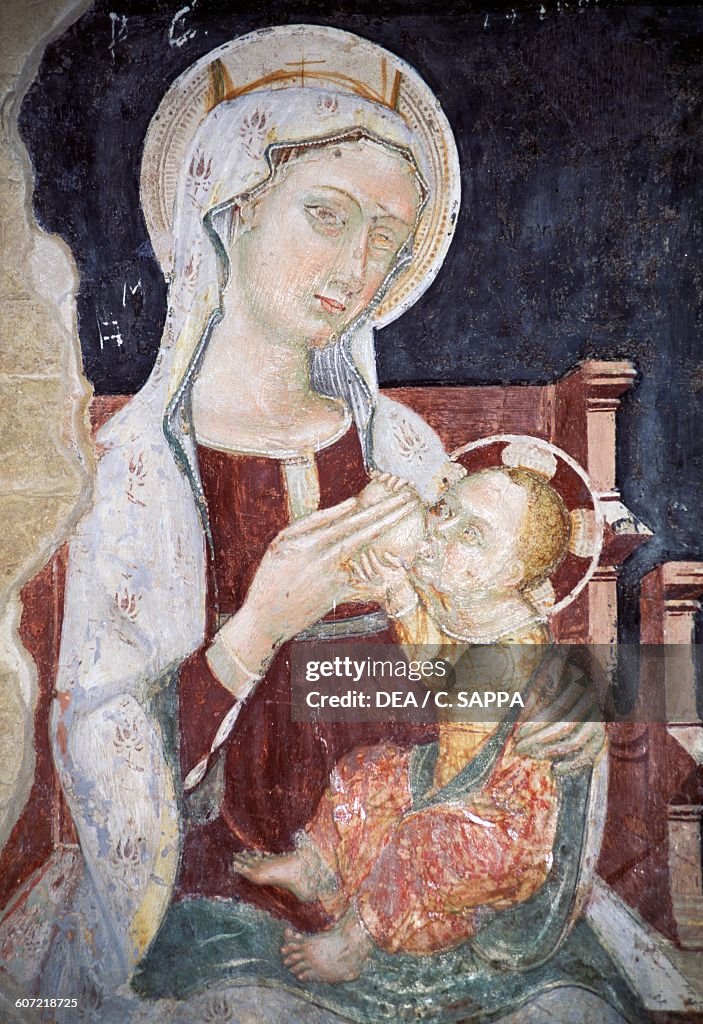 Madonna of Milk with St Sebastian, fresco in crypt of Church of St Mary of Rock, by Fra Marino Angeli (active 1437-1462), Offida, Marche, Italy, 15th century
