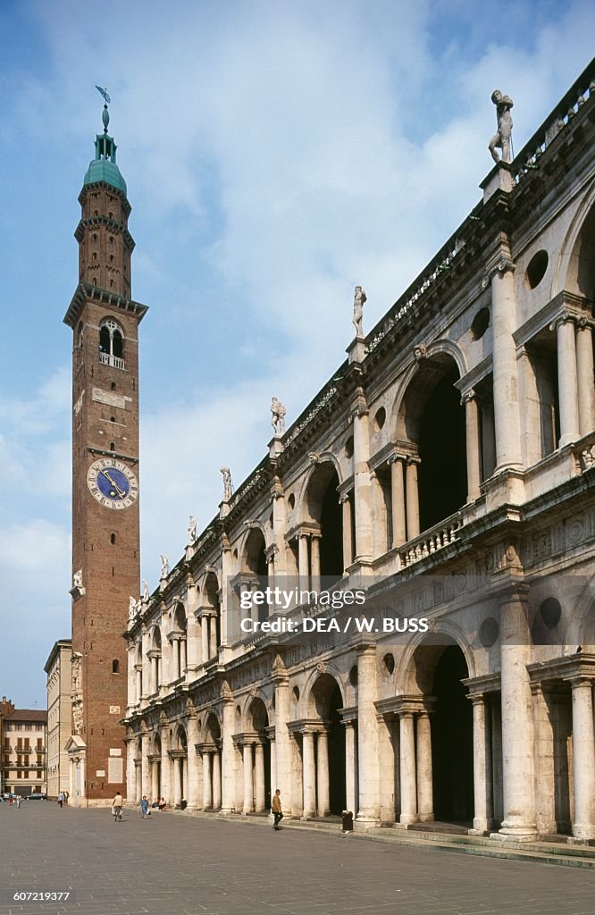 Glimpse of Piazza dei Signori, with Basilica Palladiana and Bissara Tower, Vicenza (UNESCO World Heritage List, 1994, 1996), Veneto, Italy