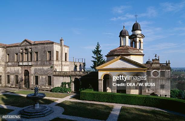 Villa Duodo before restoration and the church of San Giorgio , by Vincenzo Scamozzi , Monselice, Veneto. Italy, 16th-17th century.