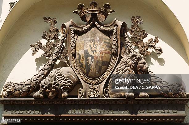 Old sign of the Regia Farmacia Anglesio , via Milano, Turin, Piedmont, Italy.