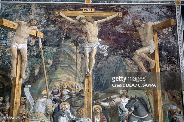 Crucifixion, detail of Scenes from the Life and Passion of Christ, 1485-1490, fresco, by Giovanni Martino Spanzotti, Church of St Bernardino, Ivrea,...