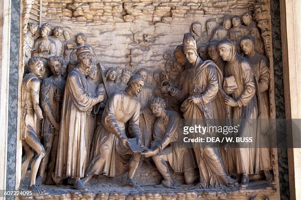 Gian Galeazzo Visconti laying the cornerstone of the Certosa bas-relief by Benedetto Briosco, Certosa di Pavia doorway, Lombardy. Italy, 16th century.