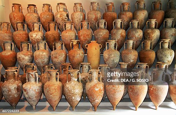 Amphoras, archaeological museum, Lipari island, Aeolian islands , Sicily. Italy.