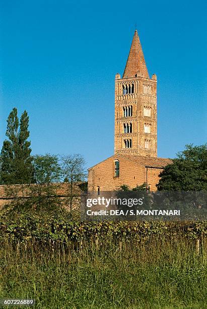 View of bell tower of the Pomposa abbey, Codogno, Lido di Pomposa, Emilia-Romagna. Italy, 9th century.