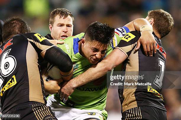 Joseph Tapine of the Raiders is tackled during the second NRL Semi Final match between the Canberra Raiders and the Penrith Panthers at GIO Stadium...