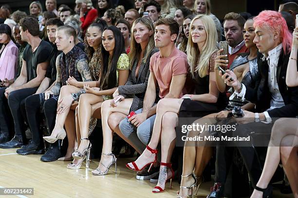 Singers Ella Eyre, Leigh-Anne Pinnock, model Abbey Clancy, athlete Tom Daley, Fearne Cotton and Serayah McNeill attend the Julien Macdonald show...