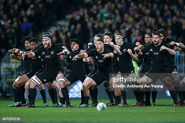 Kieran Read and Israel Dagg of New Zealand perform the haka with the team prior to the Rugby Championship match between the New Zealand All Blacks...