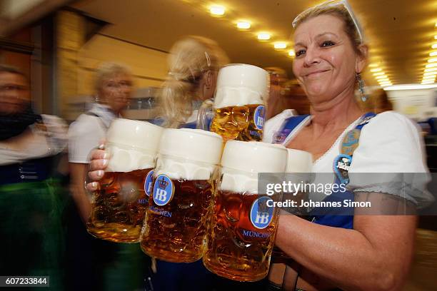 Waitress carries beer mugs after the kick off of the 2016 Oktoberfest beer festival in the Hofbraeu tent at Theresienwiese on September 17, 2016 in...