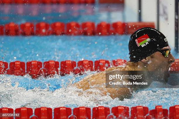 Ihar Boki of Belarus celebrates winning the gold medal in the Men's 100m Freestyle - S13 Final on day 9 of the Rio 2016 Paralympic Games at the...