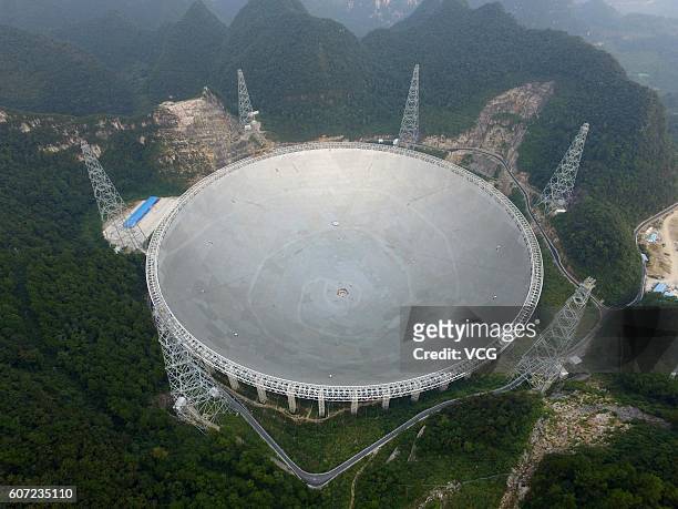 Aerial view of a dish-like radio telescope at Pingtang County on September 17, 2016 in Qiannan Buyei and Miao Autonomous Prefecture, Guizhou Province...