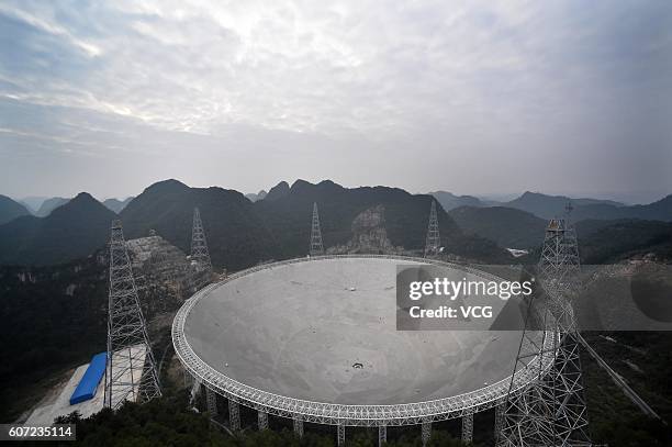 Aerial view of a dish-like radio telescope at Pingtang County on September 17, 2016 in Qiannan Buyei and Miao Autonomous Prefecture, Guizhou Province...