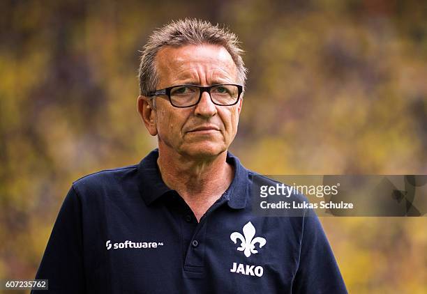 Head Coach Norbert Meier of Darmstadt is seen prior to the Bundesliga match between Borussia Dortmund and SV Darmstadt 98 at Signal Iduna Park on...