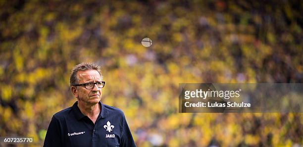 Head Coach Norbert Meier of Darmstadt is seen prior to the Bundesliga match between Borussia Dortmund and SV Darmstadt 98 at Signal Iduna Park on...