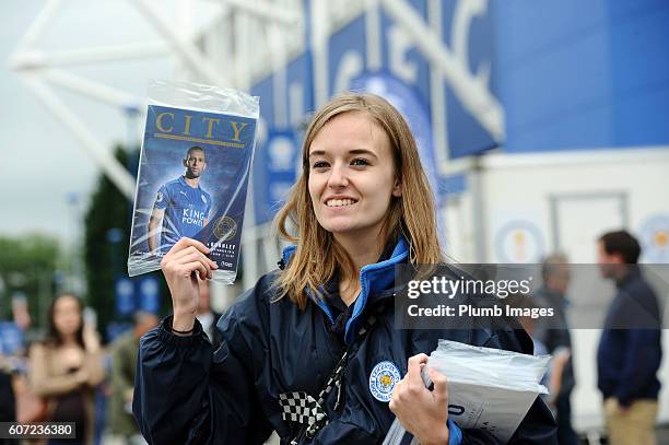 Programme seller outside King Power Stadium ahead of the Premier League match between Leicester City and Burnley at the King Power Stadium on...