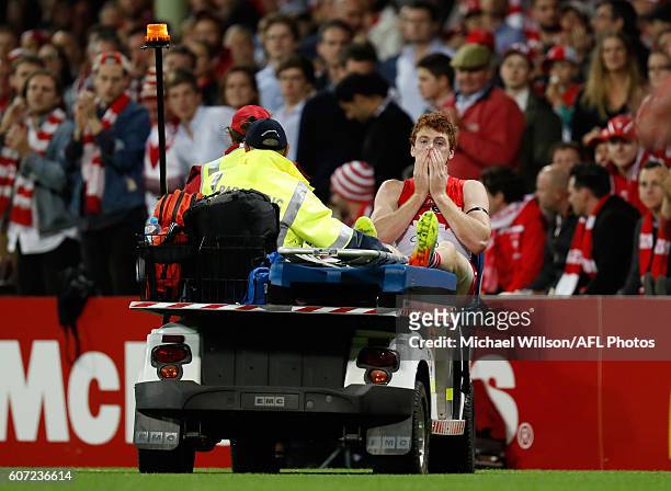 Gary Rohan of the Swans leaves the field on a stretcher during the 2016 AFL First Semi Final match between the Sydney Swans and the Adelaide Crows at...