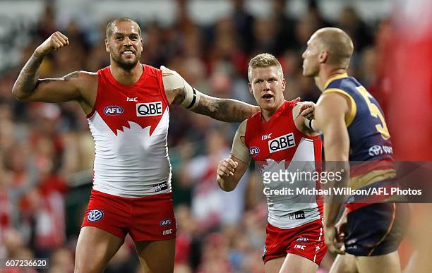 Lance Franklin and Dan Hannebery of the Swans celebrate during the 2016 AFL First Semi Final match between the Sydney Swans and the Adelaide Crows at...